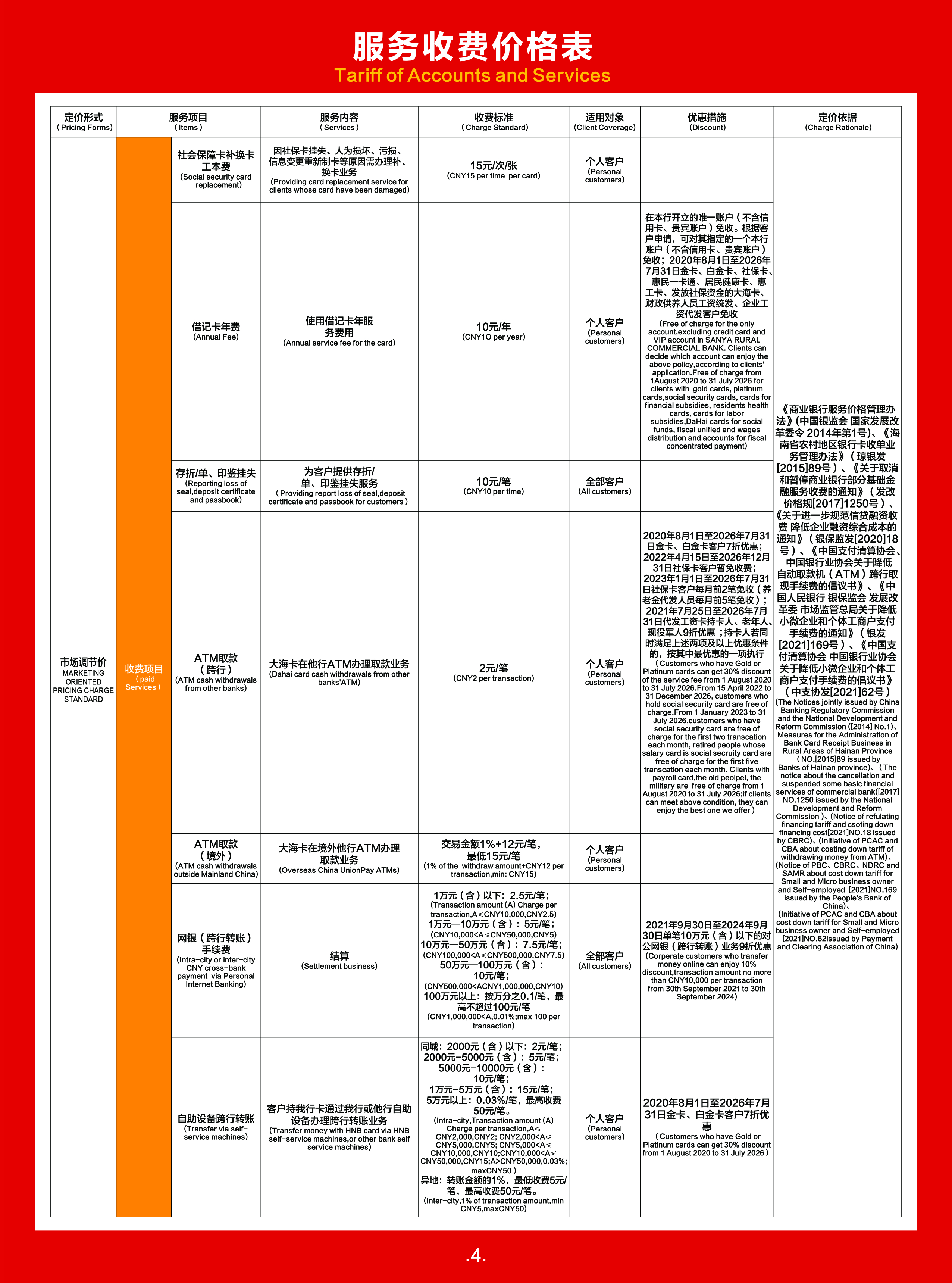 三亞農(nóng)村商業(yè)銀行股份有限公司服務(wù)收費(fèi)價(jià)格表