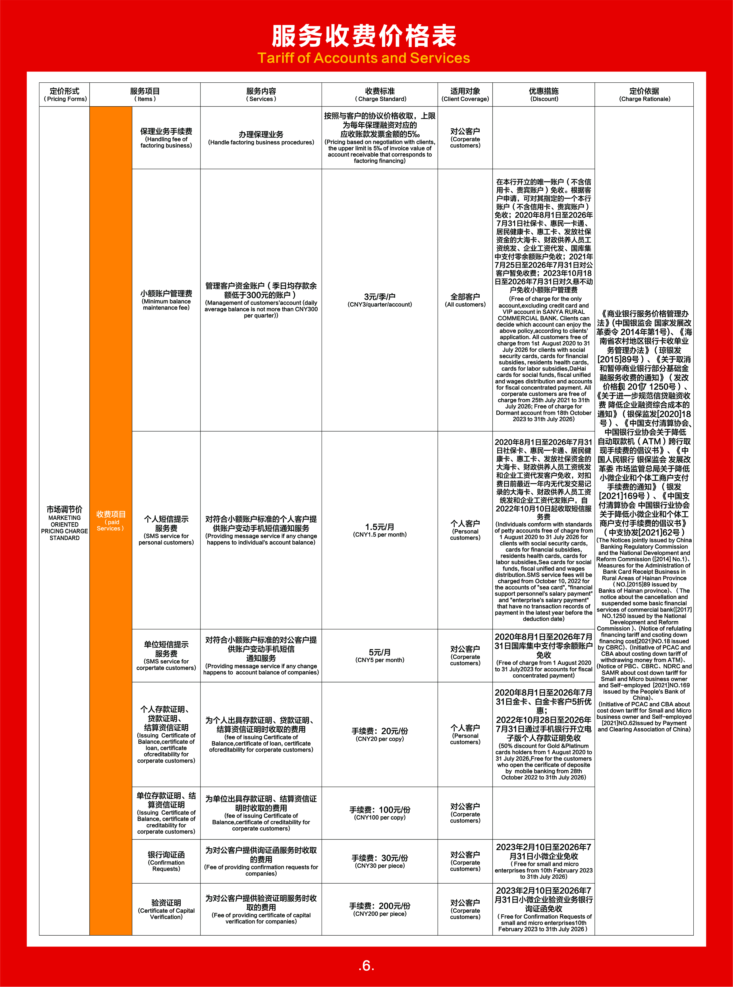 三亞農(nóng)村商業(yè)銀行股份有限公司服務(wù)收費(fèi)價(jià)格表