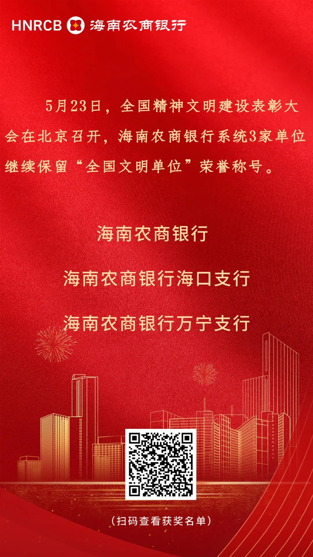 喜報！海南農(nóng)商銀行系統(tǒng)3家單位繼續(xù)保留“全國文明單位”稱號